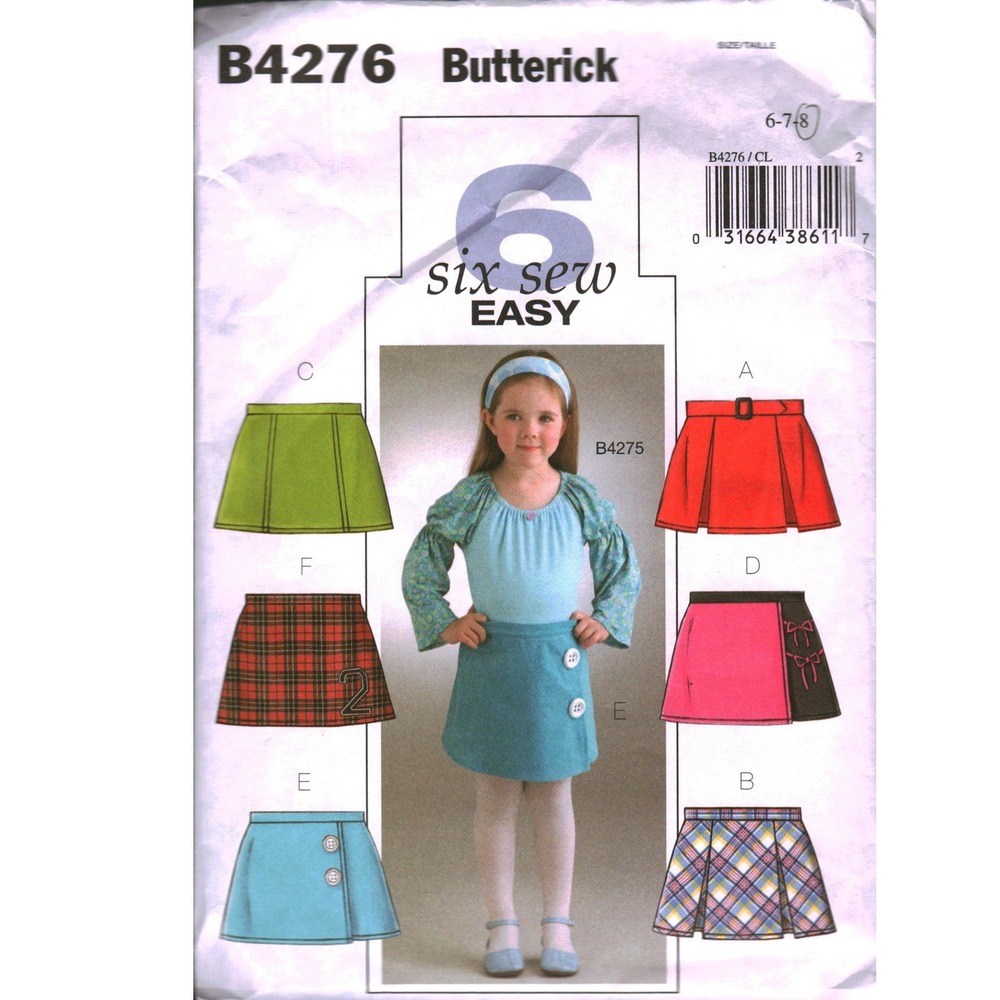 Butterick B4276 Girls Skort Sewing Pattern Size 6-7-8 Six Sew Easy Skirt Shorts